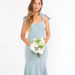 Show Me Your Mumu Barcelona Ruffle Gown M, Silver Sage Stretch Crepe
